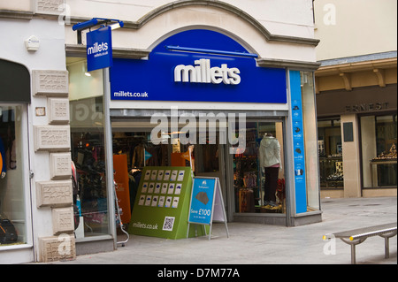 MILLETS outdoor clothing and camping store on high street in city centre of Exeter Devon England UK Stock Photo