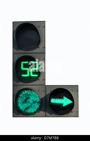 Green traffic light with green arrow and timer, isolated on white background Stock Photo