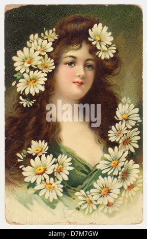Illustrated postcard of pretty young girl wearing daisies in her hair and around her neck, U.K. -  posted in April 1913 Stock Photo