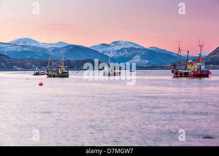 Fishing Boats moored on Loch Broom, Ullapool, Ross and Cromarty, Highland, Scotland, UK, Europe. Stock Photo