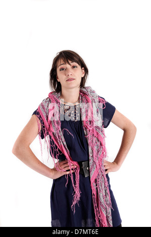 young brunette woman with colored scarf like a mannequin isolated on studio Stock Photo