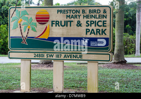USA, Florida, Homestead. Signboard for Fruit and Spice Park. Stock Photo