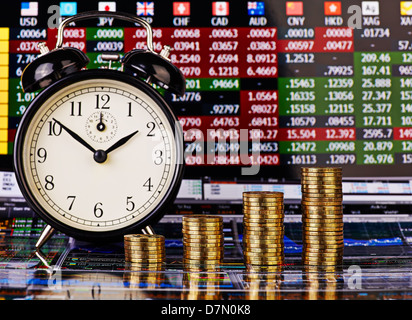 Uptrend stacks of golden coins, clock and financial chart as background. Selective focus. Stock Photo