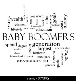 Baby Boomers Word Cloud Concept in black and white with great terms such as generation, largest, demographic and more. Stock Photo