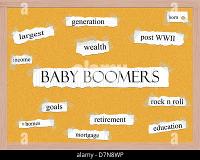 Baby Boomers Corkboard Word Concept with great terms such as generation, wealth, retirement and more. Stock Photo