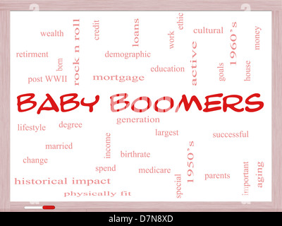 Baby Boomers Word Cloud Concept on a Whiteboard with great terms such as generation, largest, demographic and more. Stock Photo