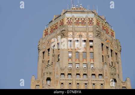 New York, Buffalo, City Hall. Historic Art Deco building completed in 1931 by Dietel, Wade and Jones. Colorful rooftop detail. Stock Photo