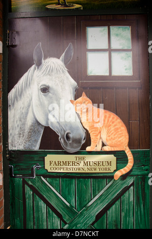 New York, Cooperstown, Farmers' Museum sign. Educational, tourism, or editorial use only. Stock Photo