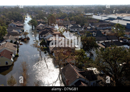 Aerial view of massive flooding and destruction in the aftermath of Hurricane Katrina September 7, 2005 in New Orleans, LA.