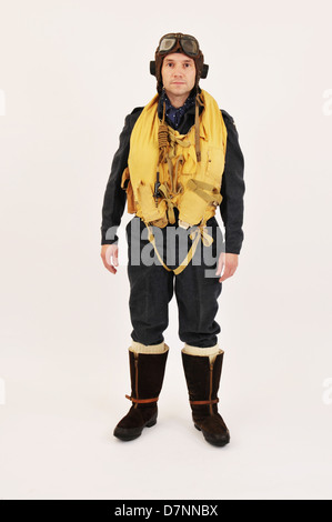 WW2 RAF pilot/crew member wearing flying helmet & 'Mae West' life jacket. Stock Photo