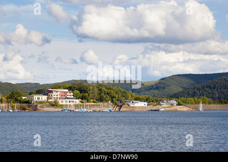 Lake Rursee with view to Schwammenauel and blue sky in summer. Stock Photo