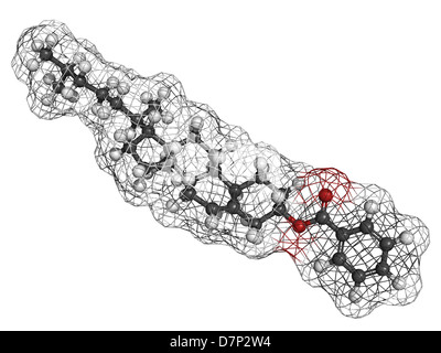 Cholesteryl benzoate liquid crystal molecule, chemical structure. Atoms are represented as spheres. Stock Photo