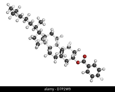 Cholesteryl benzoate liquid crystal molecule, chemical structure. Atoms are represented as spheres. Stock Photo