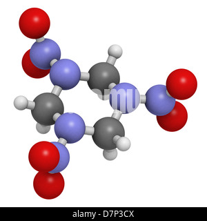 RDX (cyclonite, hexogen) explosive molecule, chemical structure. Atoms are represented as spheres. Stock Photo