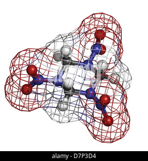 RDX (cyclonite, hexogen) explosive molecule, chemical structure. Atoms are represented as spheres. Stock Photo