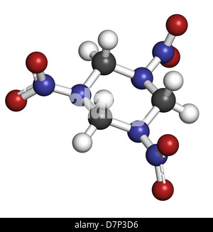 RDX (cyclonite, hexogen) explosive molecule, chemical structure. Atoms are represented as spheres. Stock Photo