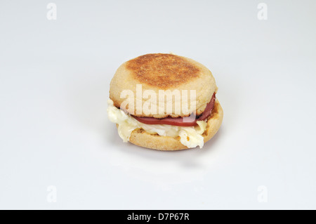 McDonald's egg white delight McMuffin with canadian bacon and white cheddar cheese on a  english muffin on white background. Stock Photo