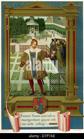 The king of Navarre 1517 to 1555, Henri d'Albret, encounters Marguerite of Angouleme, in the garden at Alencon in France. Stock Photo