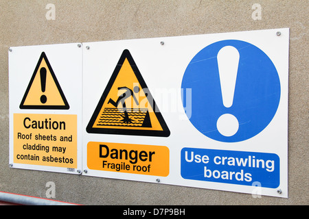 Danger fragile roof. Use crawling boards. Warning sign Stock Photo - Alamy