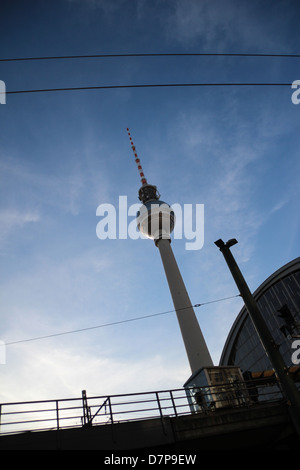 TV tower in Berlin "Berliner Fernsehturm" view from Alexanderplatz Square, overlooking the illuminated text Stock Photo