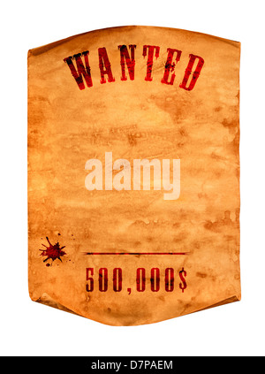 Vintage wanted poster with curled edge on a white background Stock Photo