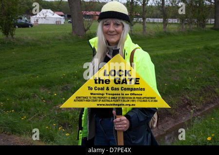 Southport, UK 12th May, 2013. Jennie Dell, 65 from Austrialia at Camp Frack 2 (CampFrack2)  a broad coalition of anti-fracking and environmental groups in the North West including members of Ribble Estuary Against Fracking, Residents’ Action Against Fylde Fracking, Frack Free Fylde, Merseyside Against Fracking, Friends of the Earth and Greater Manchester Association of Trades Union Councils. A weekend of activity in opposition to Fracking and other forms of Extreme Energy. Stock Photo
