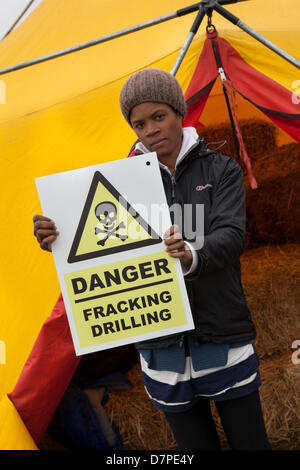 Southport, UK 12th May, 2013. Tisha Brown 30, from London at Camp Frack 2 (CampFrack2),  a broad coalition of anti-fracking and environmental groups in the North West including members of Ribble Estuary Against Fracking, Residents’ Action Against Fylde Fracking, Frack Free Fylde, Merseyside Against Fracking, Friends of the Earth and Greater Manchester Association of Trades Union Councils. A weekend of activity in opposition to Fracking and other forms of Extreme Energy. Mar Photographics/Alamy Live News Stock Photo