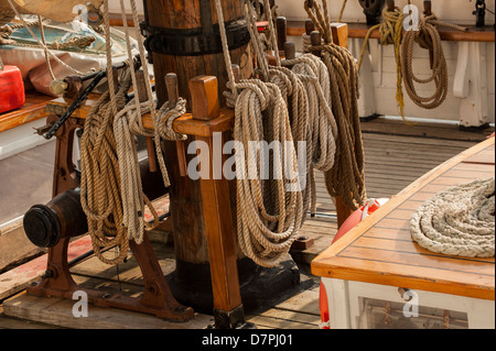 Ship-Shape and Bristol-Fashion tidiness on deck of the accouterments of a tall-ships sailing vessel Stock Photo