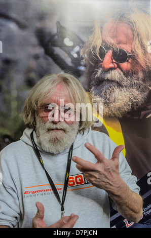 German traveler going around the world on a bicycle for 30 years at the bicycle fair in Berlin, Germany Stock Photo