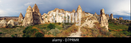 Cappadocia landscape with vulcanic rocks and houses carved in this rock. (Goreme village) Stock Photo