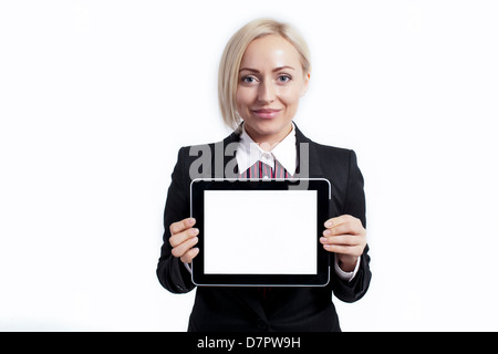 Businesswoman Using Digital Tablet. Signs. The tablet in her hands. Stock Photo