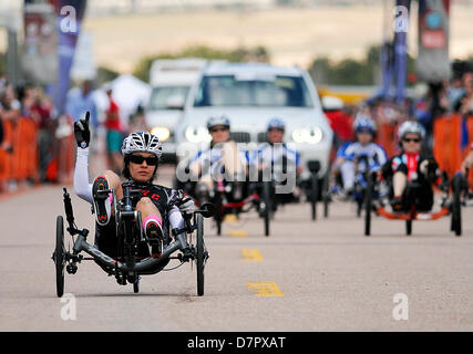 Colorado, USA. May 12, 2013: Marine Corps wounded warrior, Lori Yrigoyen, in action during the first day of Warrior Games competition at the United States Air Force Academy, Colorado Springs, Colorado. Over 260 injured and disabled service men and women have gathered in Colorado Springs to compete in seven sports, May 11-16. All branches of the military are represented, including Special Operations and members of the British Armed Forces.Credit: Cal Sport Media /Alamy Live News Stock Photo