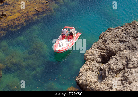 A small boat in the bay, peninsula Tarhankut, Tarhan Qut, Crimea, Ukraine, Eastern Europe  Stock Photo