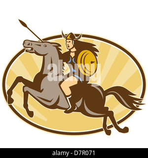 Illustration of valkyrie of Norse mythology female rider warriors riding horse with spear done in retro style. Stock Photo