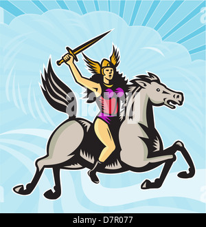 Illustration of valkyrie of Norse mythology female rider warriors riding horse with spear done in retro style. Stock Photo