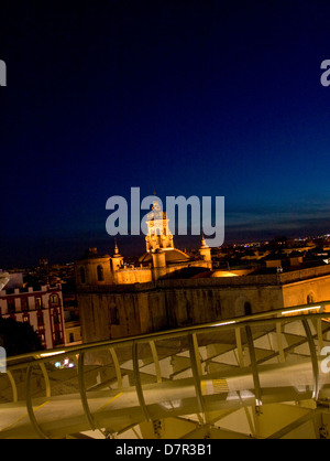 Night panorama cityscape of Seville from Metropol Parasol panoramic terrace Andalusia Andalucia Spain Europe Stock Photo