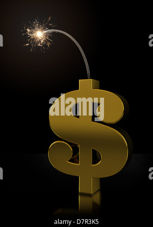 Explosive Dynamite Dollar Sign Concept Illustration on black background Stock Photo