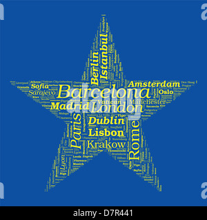 Star Shaped European Cities Vector Word Cloud on white background Stock Photo