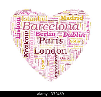 Love Shaped European Cities Vector Word Cloud on white background Stock Photo