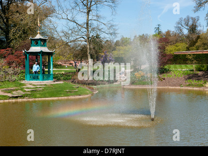 Fountain and a Pegoda in the Water Garden at Cliveden House, National Trust at Cliveden House, National Trust Property Stock Photo