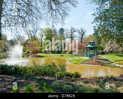 Fountain and a Pegoda in the Water Garden at Cliveden House, National Trust at Cliveden House, National Trust Property Stock Photo