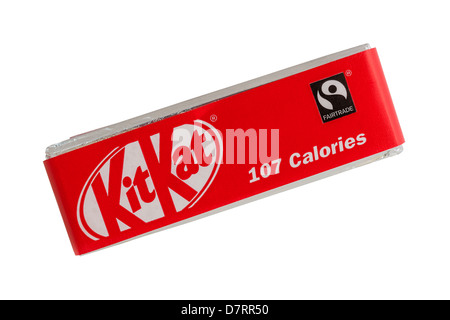 A KitKat chocolate bar showing the Fairtrade logo on a white background Stock Photo