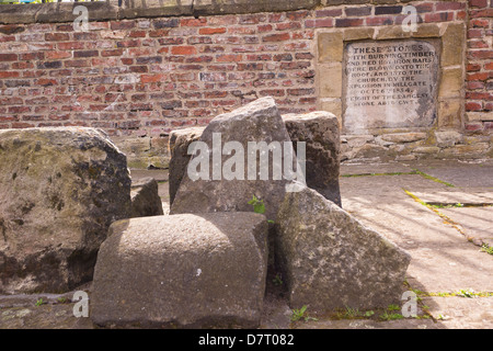 Stones and memorial marking the great fire of Gateshead in 1854 beside St Mary's Chruch / Visitors Centre Stock Photo