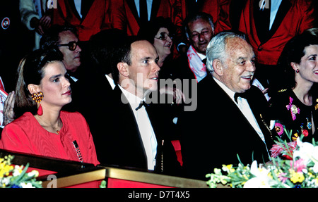 Rainier III, late Prince of Monaco, watches the annual Monte Carlo circus in 1990 with his three adult children:Caroline, Prince Albert and Stephanie. Stock Photo