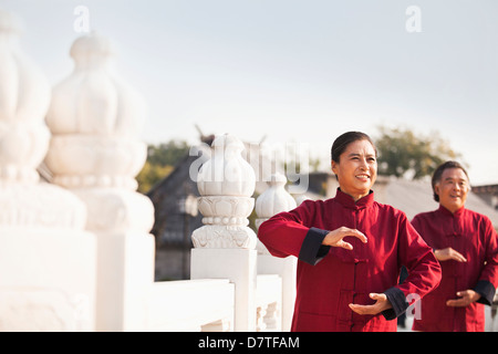 Two seniors practicing Taijiquan in Beijing, arms in a circle Stock Photo