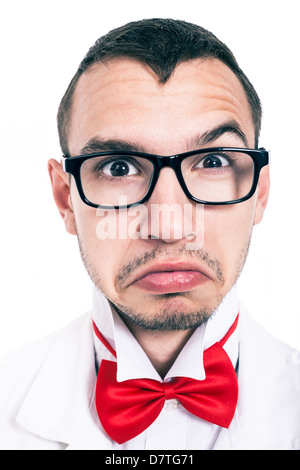 Close up of scary serious lab geek, isolated on white background Stock Photo