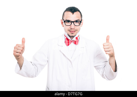 Happy scientist in lab coat showing thumbs up, isolated on white background Stock Photo