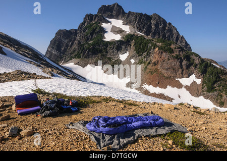 Washington, Cascade Mountains, Mount Baker-Snoqualmie National Forest. Campsite with Del Campo Peak in the background. Stock Photo