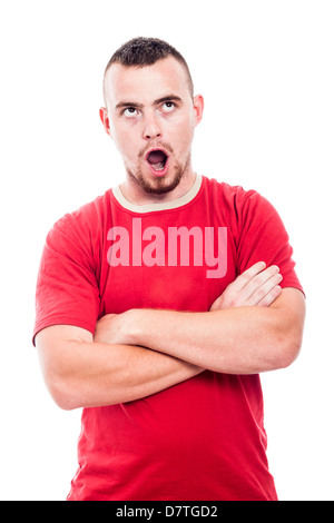 Surprised man with open mouth looking up, isolated on white background Stock Photo