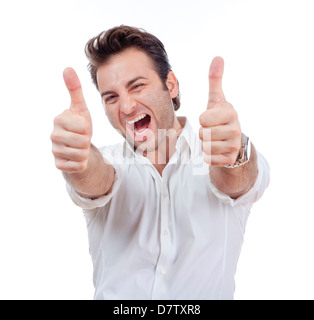 excited man laughing holding his both thumbs up - isolated on white Stock Photo